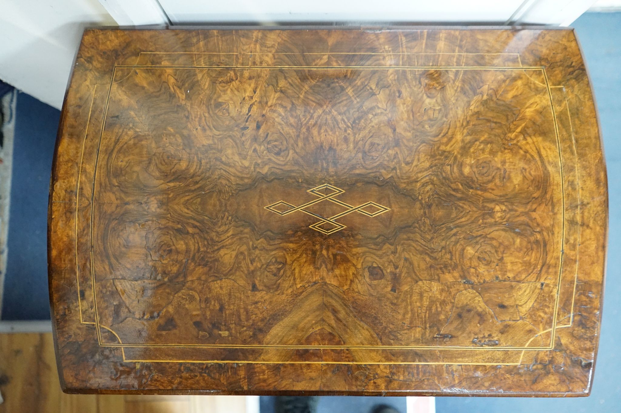 A Victorian inlaid burr walnut work table, width 62cm, depth 40cm, height 72cm